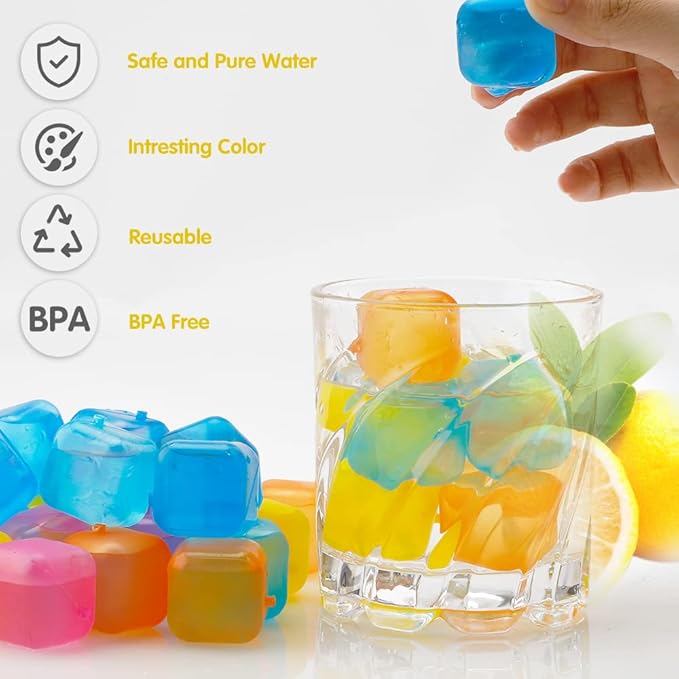 Reusable Ice Cubes for Drinks Square Plastic Ice Cubes 20 Pack Freeze Drinks Without Diluting, Easy to Use, Washable Non-Melting Fake Ice Cube for Coffee, Wine, Whiskey, Cocktails, Colorful