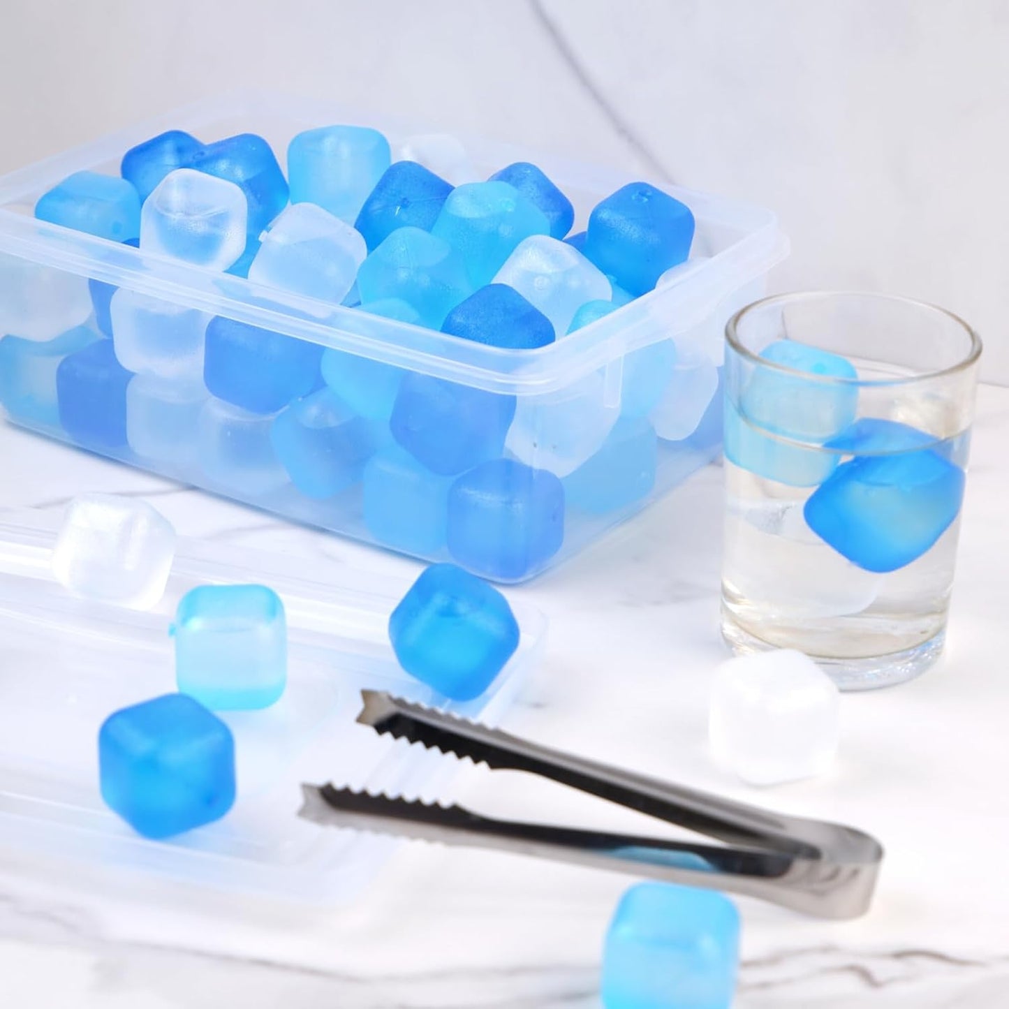Reusable Ice Cube with Lid & Bin, 60 Pack Plastic Ice Cubes for Drinks BPA Free, Refreezable Square Ice Cubes for Water Bottles, Whiskey, Vodka, Coffee, Cocktails, Beer or Wine