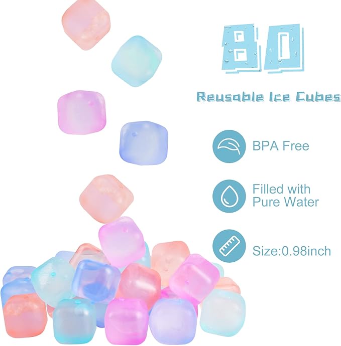 80 Pack Color-changing Reusable Ice Cube for Drinks, Colorful Square Plastic ice Cubes Without Diluting BPA Free, Refreezable Ice Cubes for Coffee, Wine, Whiskey, Cocktails