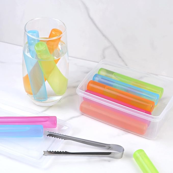 12 Pack Reusable Ice Cube with Lid and Bin, Plastic Ice Cubes for Drinks BPA Free, Washable Freezable Ice Sticks for Water Bottles, Whiskey, Vodka, Coffee, Beer, Wine