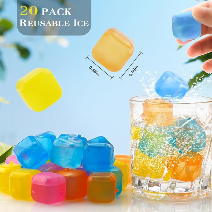 Reusable Ice Cubes for Drinks Square Plastic Ice Cubes 20 Pack Freeze Drinks Without Diluting, Easy to Use, Washable Non-Melting Fake Ice Cube for Coffee, Wine, Whiskey, Cocktails, Colorful