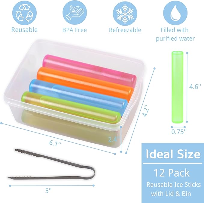 12 Pack Reusable Ice Cube with Lid and Bin, Plastic Ice Cubes for Drinks BPA Free, Washable Freezable Ice Sticks for Water Bottles, Whiskey, Vodka, Coffee, Beer, Wine