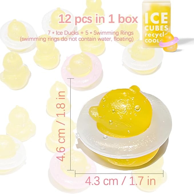 Reusable Duck Shape Ice Cubes for Drinks - 12Pcs Colorful Plastic BPA Free (7 Ducks + 5 Swimming Rings) Non-Melting, Refreezable, Without Diluting