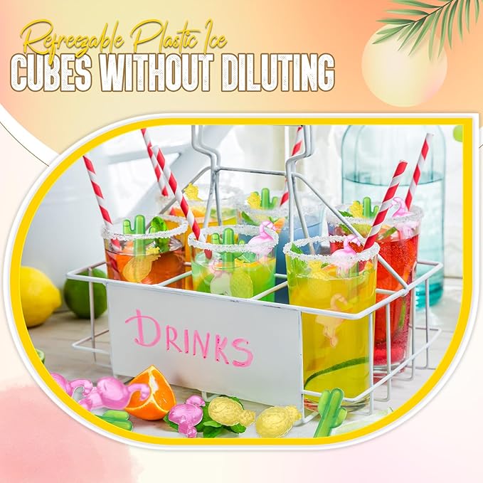 100 Pcs Reusable Ice Cubes for Drinks, Flamingo Cactus Pineapple Style Plastic Ice Cubes Refreezable for Coolers, Whiskey, Cocktails, Beer, Wine, Coffee Easy to Use