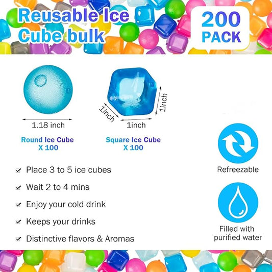 200 Pcs Reusable Ice Cube Bulk, Colorful Plastic Round and Squares for Drinks, Cocktails, Whiskey, Wine or Beer, Coffee, Bpa Free, Refreezable, Washable
