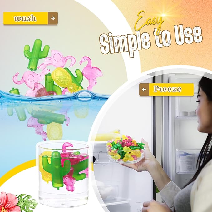 100 Pcs Reusable Ice Cubes for Drinks, Flamingo Cactus Pineapple Style Plastic Ice Cubes Refreezable for Coolers, Whiskey, Cocktails, Beer, Wine, Coffee Easy to Use