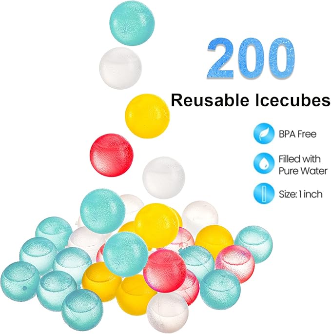 200 Pack Reusable Ice Cubes for Drinks, Colored Plastic, Round for Cocktails, Wine, Beer, Beverage or Coffee, BPA Free, Refreezable