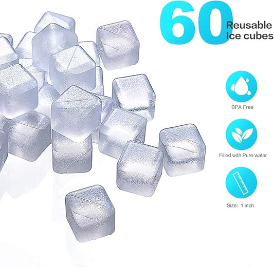 60 Pcs Reuable Ice Cubes White Clear Plastic Ice Cube to Keep Our drinks such as Lemon Wine Water Cool Longer Pretty for Party Wedding Filled With Pure Water