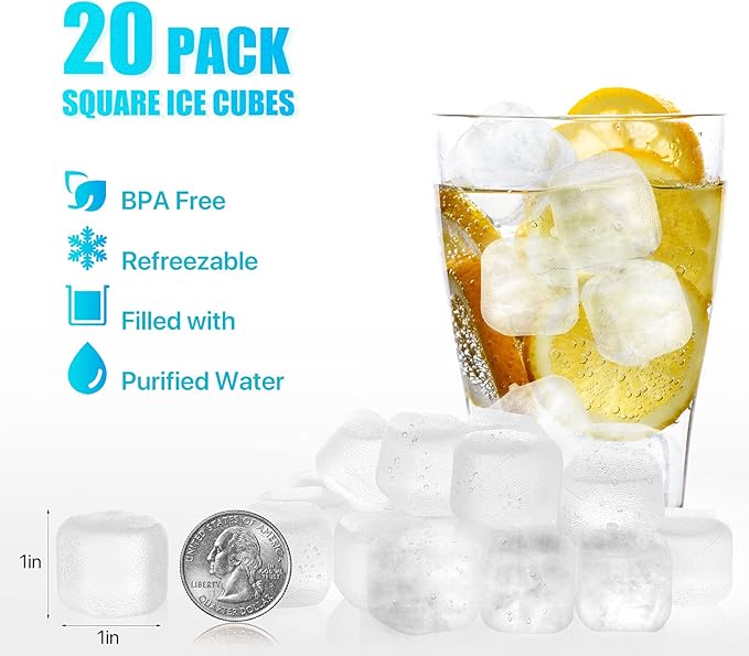 Reusable Ice Cubes for Drinks, 20 Pack Refreezable Plastic Ice Cubes BPA Free, Chills Drinks Without Diluting, Washable Fake Ice Cubes for Cocktails, Wine, Beer or Coffee Easy To Use