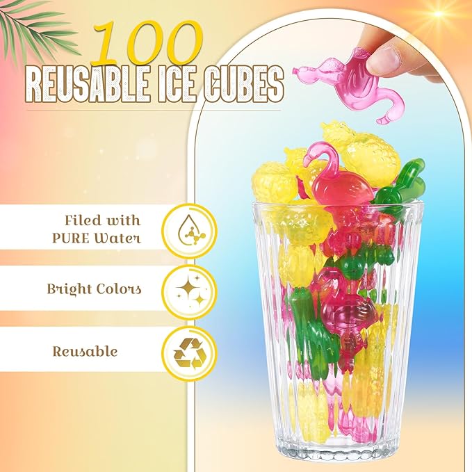 100 Pcs Reusable Ice Cubes for Drinks, Flamingo Cactus Pineapple Style Plastic Ice Cubes Refreezable for Coolers, Whiskey, Cocktails, Beer, Wine, Coffee Easy to Use
