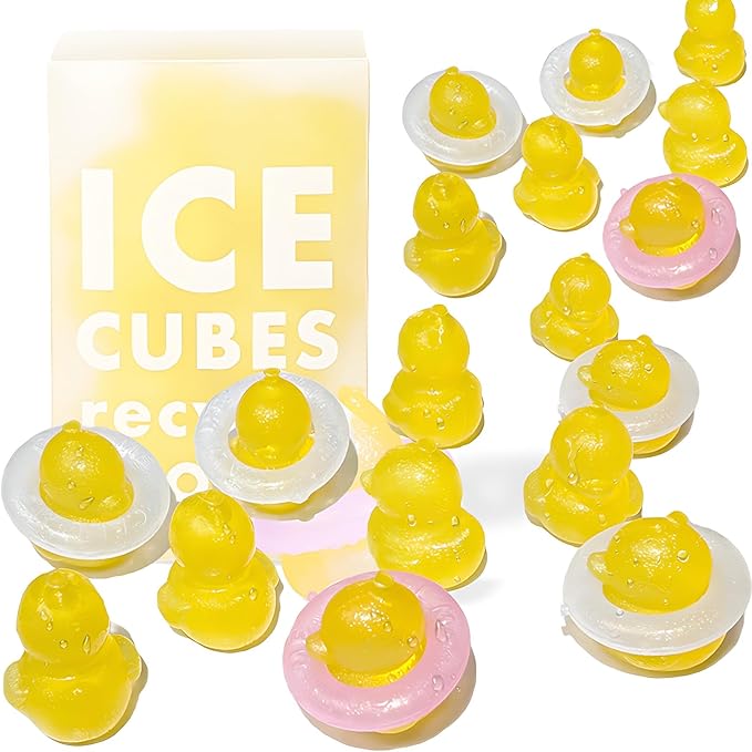 Reusable Duck Shape Ice Cubes for Drinks - 12Pcs Colorful Plastic BPA Free (7 Ducks + 5 Swimming Rings) Non-Melting, Refreezable, Without Diluting