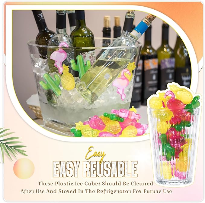 100 Pcs Reusable Ice Cubes for Drinks, Flamingo Cactus Pineapple Style Plastic Ice Cubes Refreezable for Coolers, Whiskey, Cocktails, Beer, Wine, Coffee Easy to Use