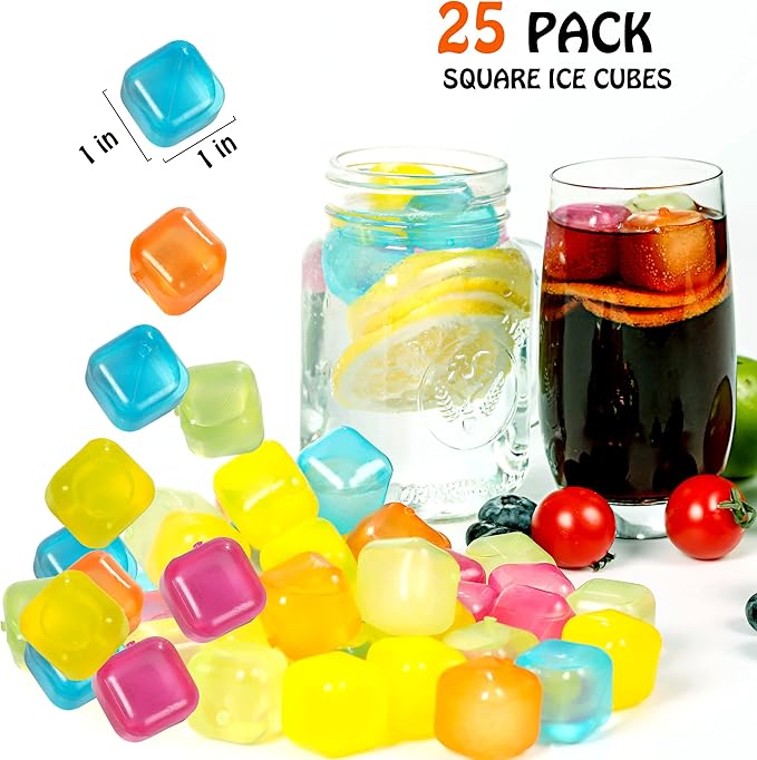 Reusable Plastic Ice Cubes 25 Pack Colorful Refreezable Ice Cubes for drinks, Whiskey, Vodka or Coffee, Washable Non-Melting Ice Cubes Non-Diluting